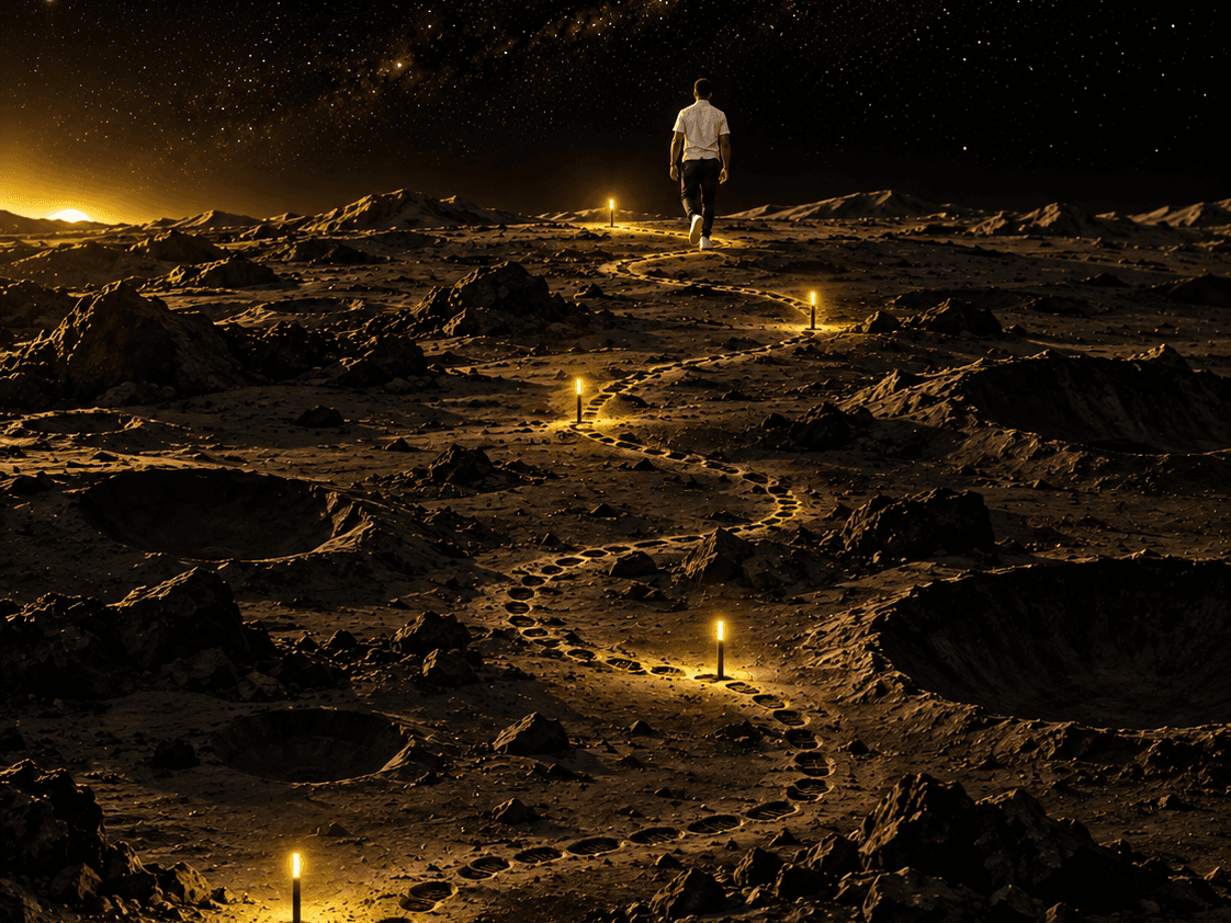 Darren walking a winding trail of glowing markers across the Moon towards Earth