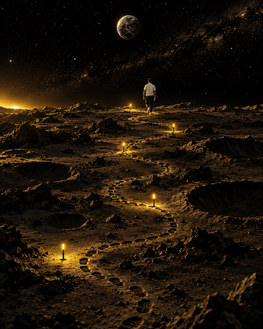 Darren walking a winding trail of glowing markers across the Moon towards Earth