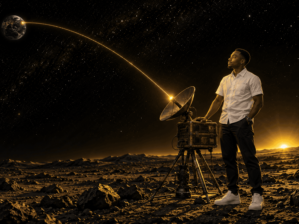 Darren sending a signal from the moon towards Earth
