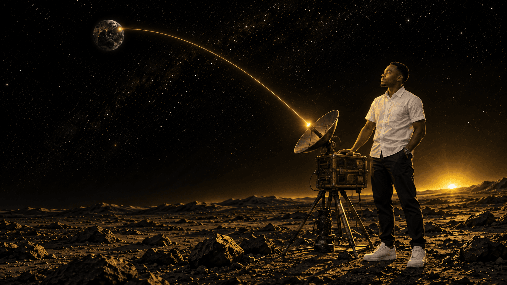 Darren sending a signal from the moon towards Earth