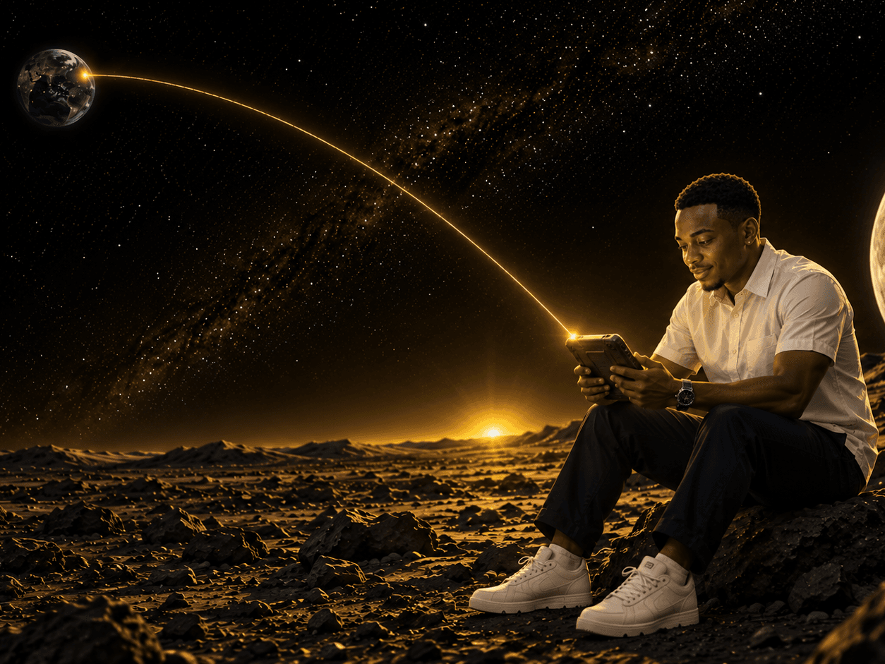 Darren on the lunar surface reading a message beamed from Earth