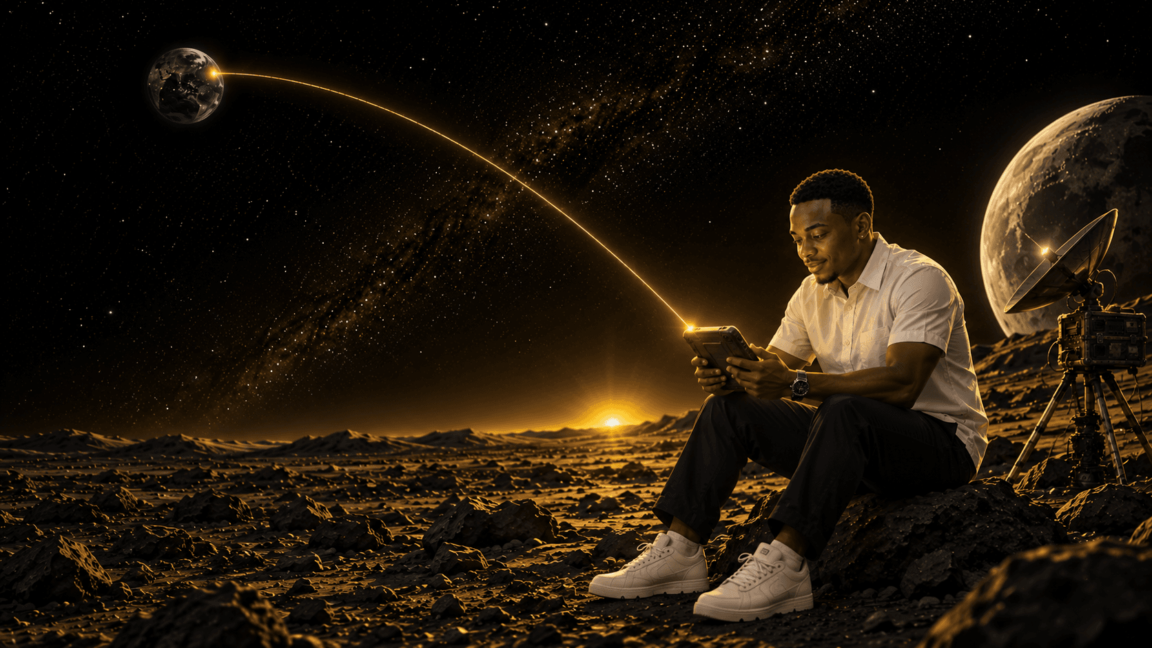 Darren on the lunar surface reading a message beamed from Earth