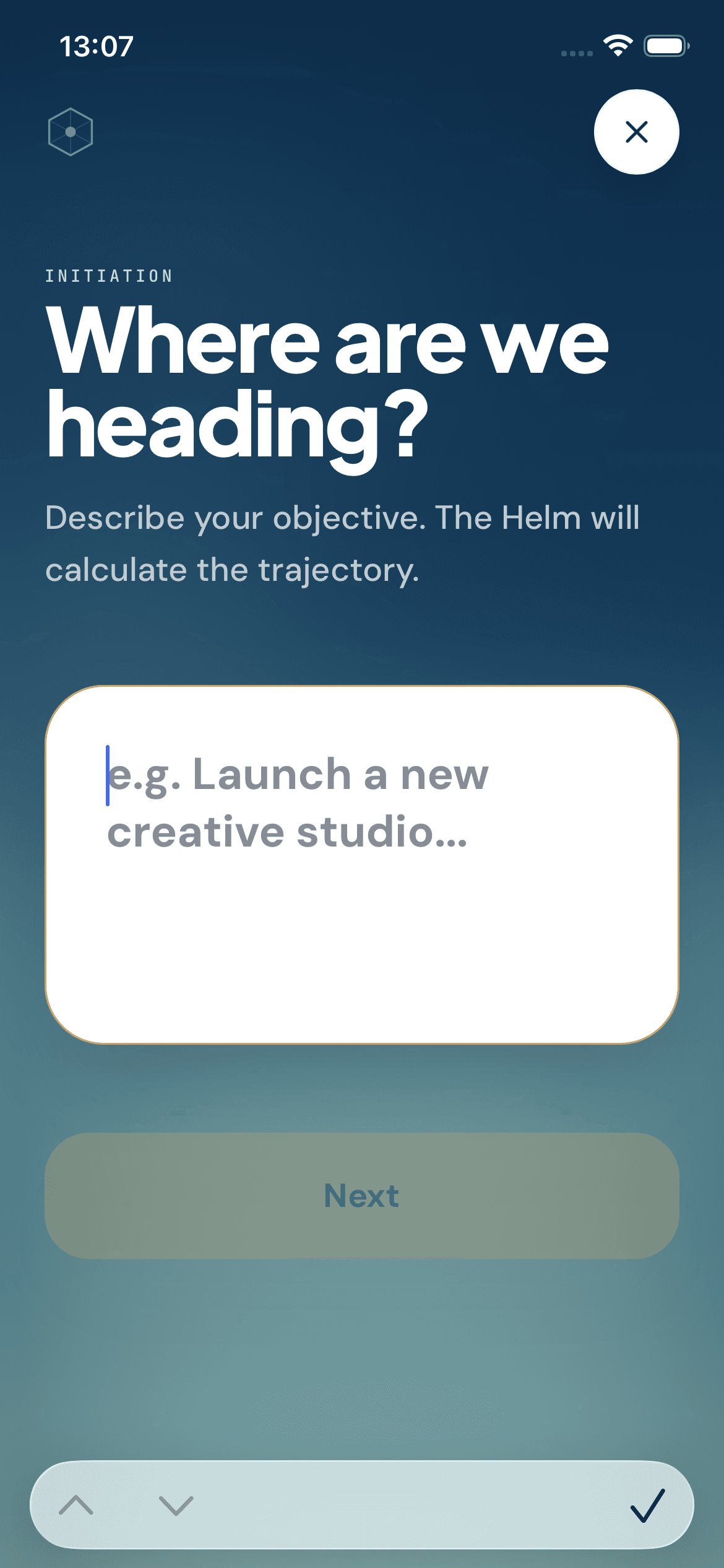 HELM Initiation screen asking where a new Voyage is heading