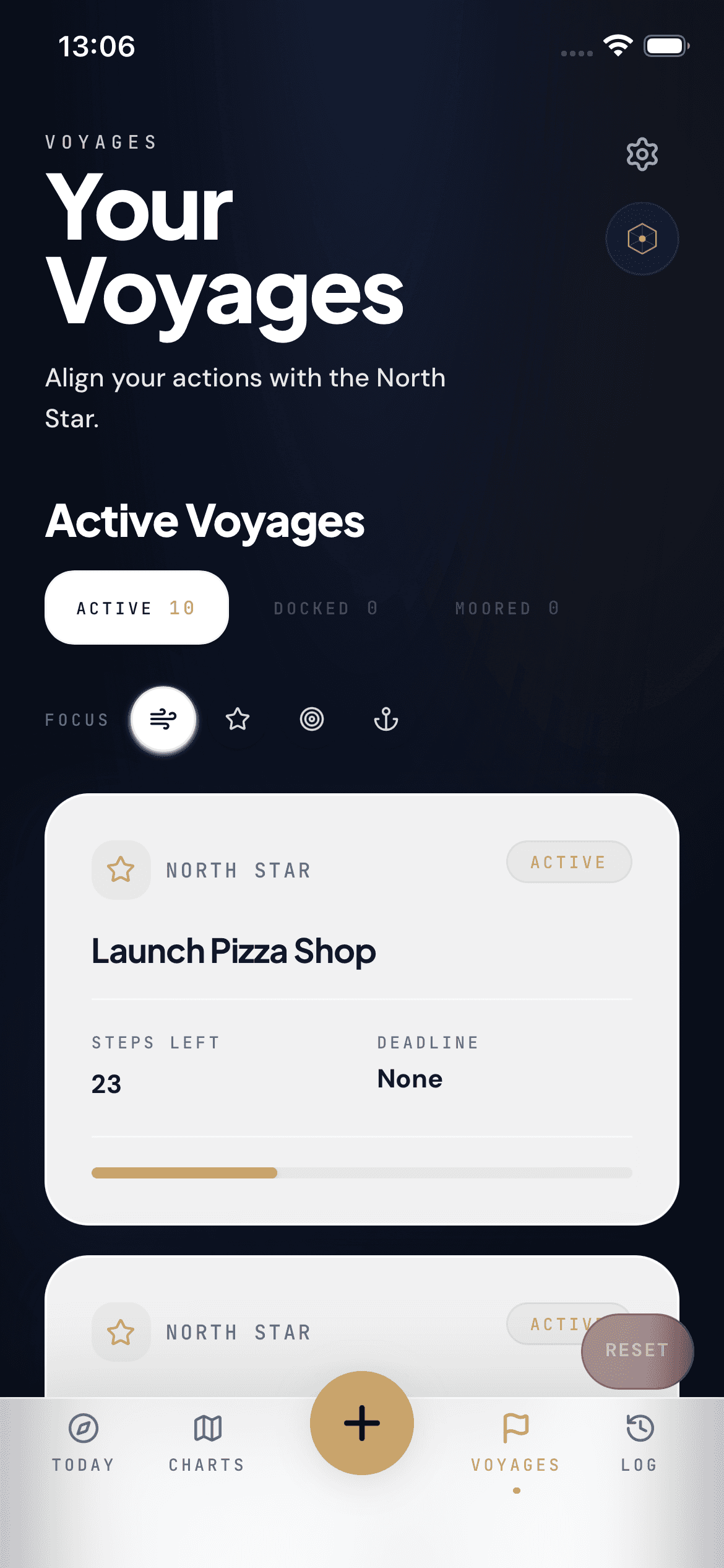 HELM Voyages screen showing priorities and remaining steps