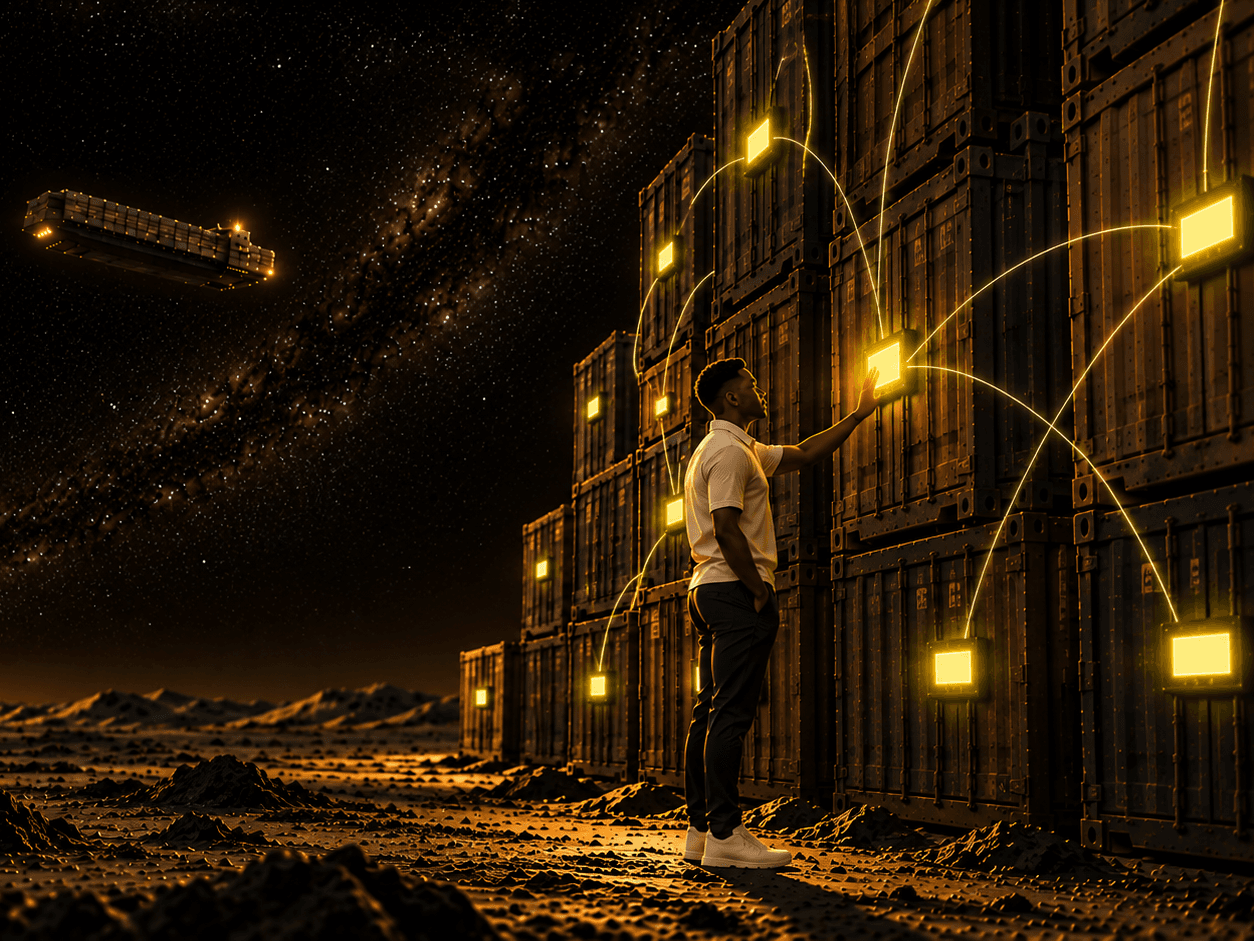 Darren on the Moon touching a glowing panel on a stack of shipping containers linked by lines of light, with a cargo ship sailing through the stars
