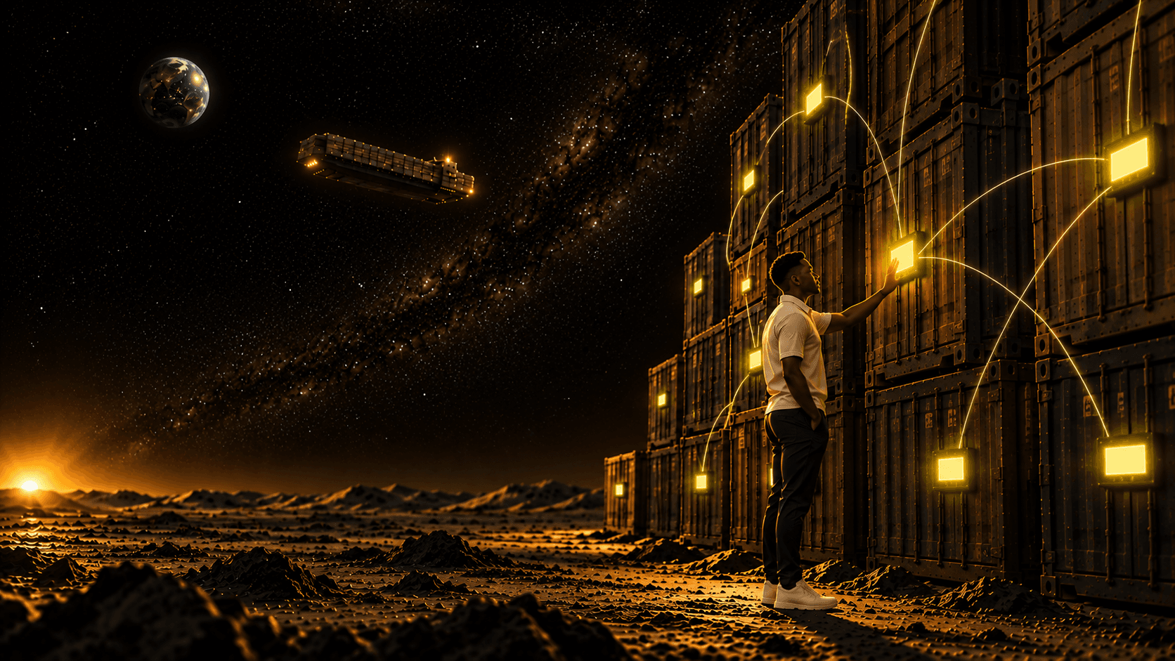 Darren on the Moon touching a glowing panel on a stack of shipping containers linked by lines of light, with a cargo ship sailing through the stars