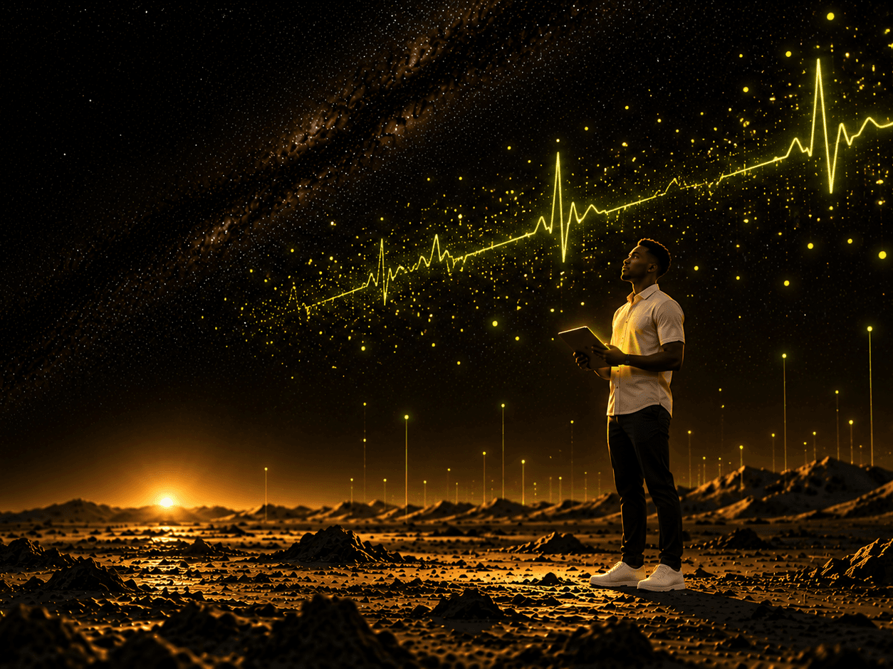 Darren on the Moon holding a tablet, looking up at a glowing heartbeat line surrounded by data points
