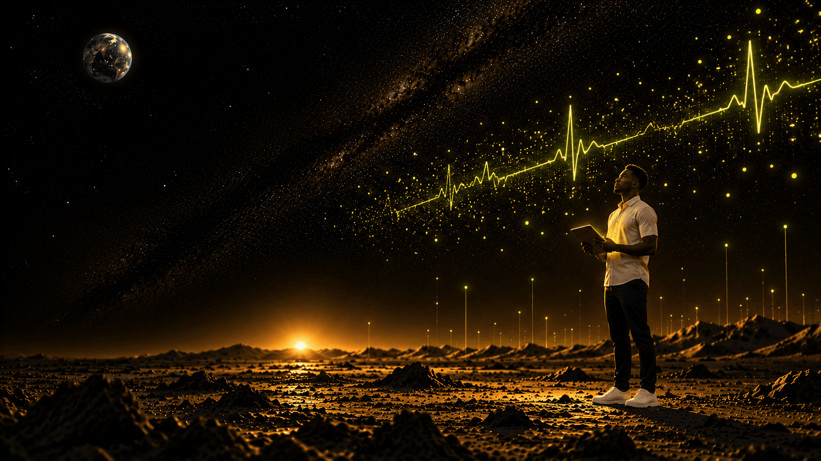 Darren on the Moon holding a tablet, looking up at a glowing heartbeat line surrounded by data points