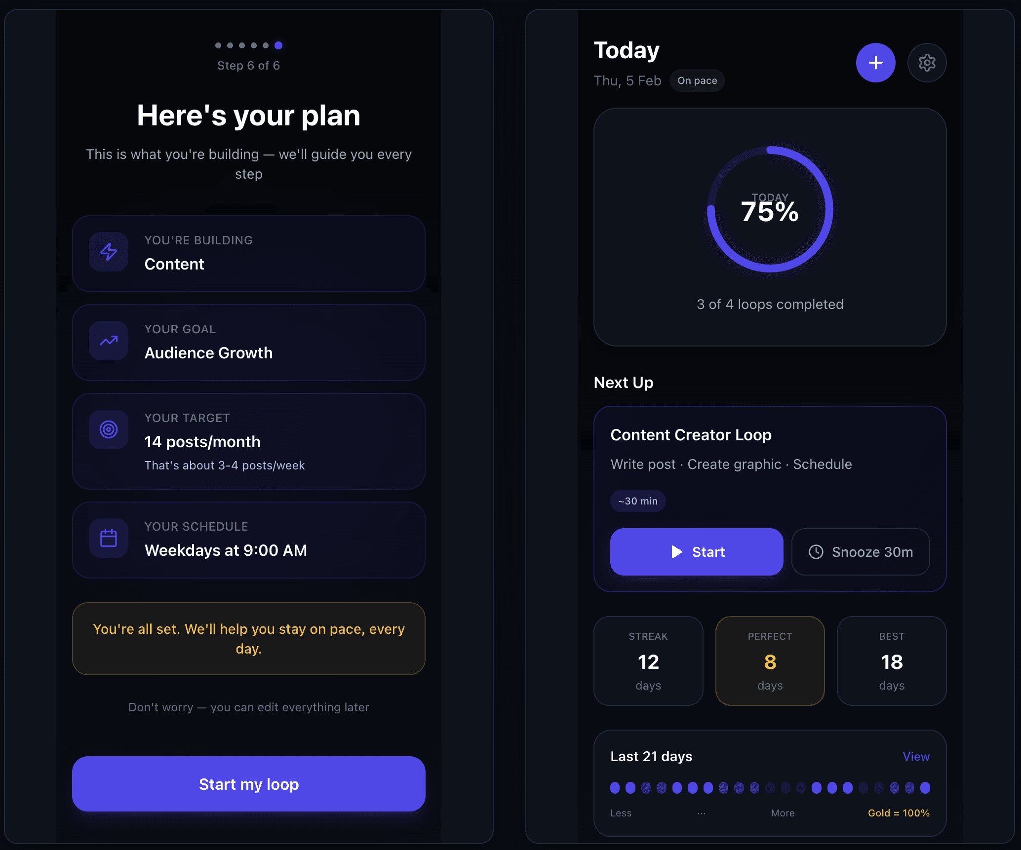 The first version of the app, showing a plan screen and a Today screen with a progress ring and streaks